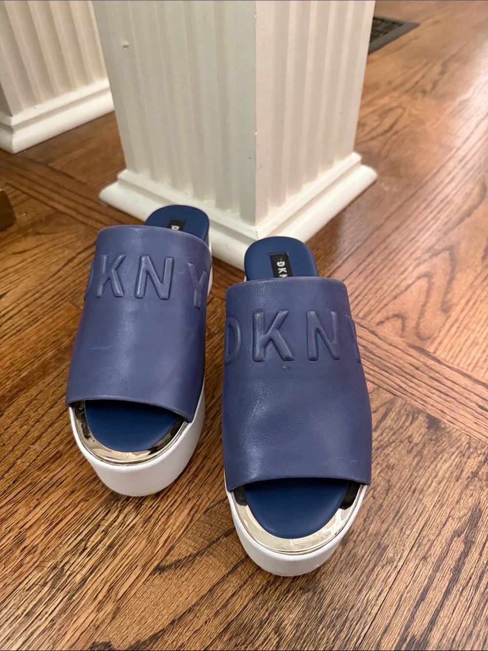 DKNY Womenβs Blue Slide Sandals with White Platform